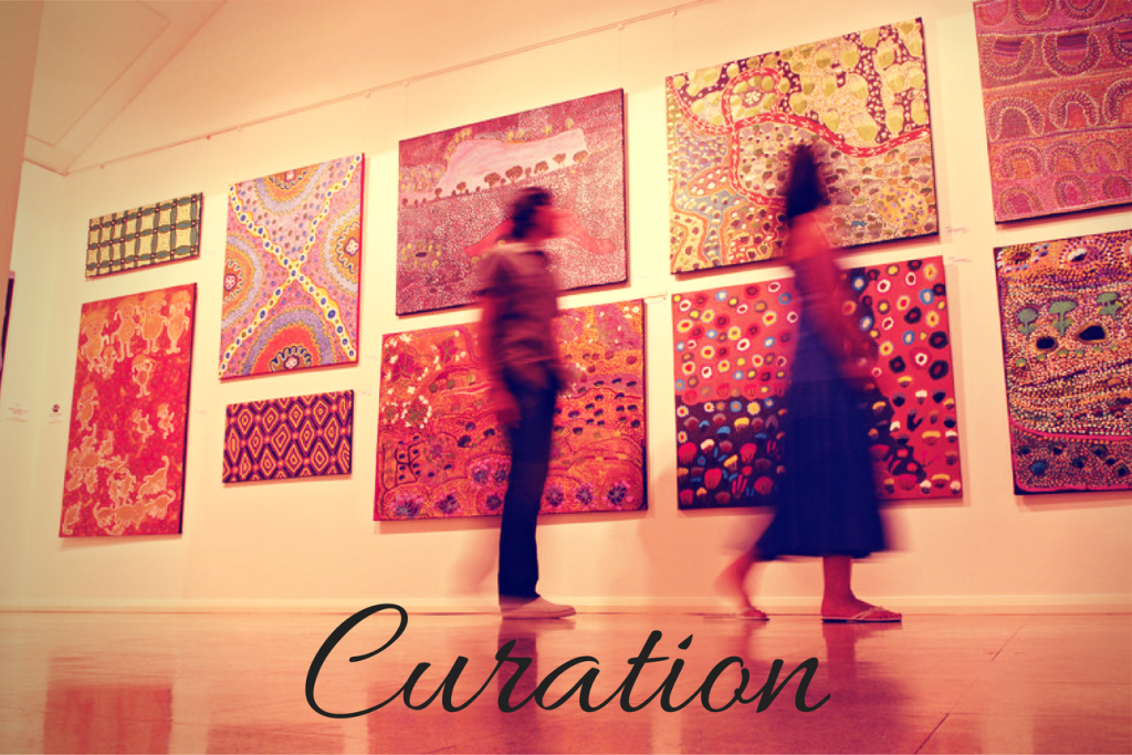 People looking at art in a gallery, and the word "Curation"