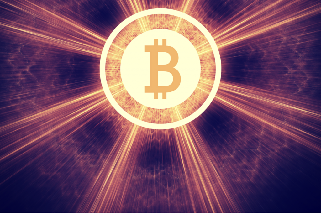 Bitcoin coin in bright lights