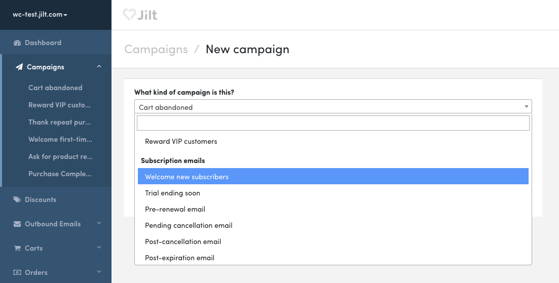 Screenshot of UI to add a subscription campaign in Jilt