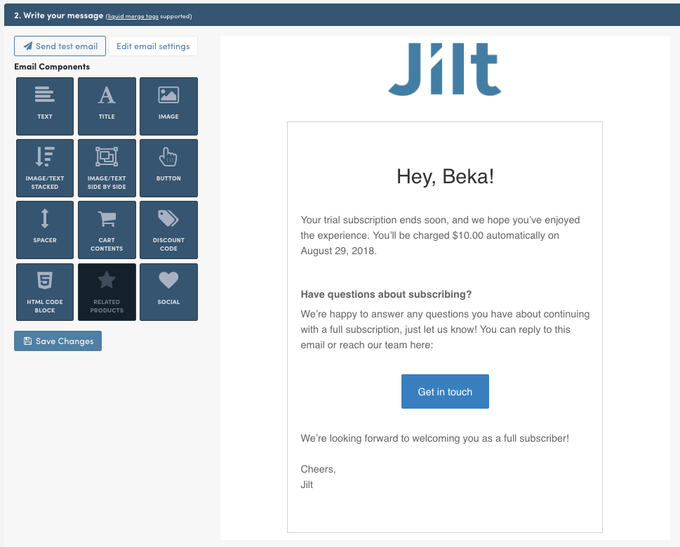 Screenshot of UI to edit a trial ending soon email in Jilt