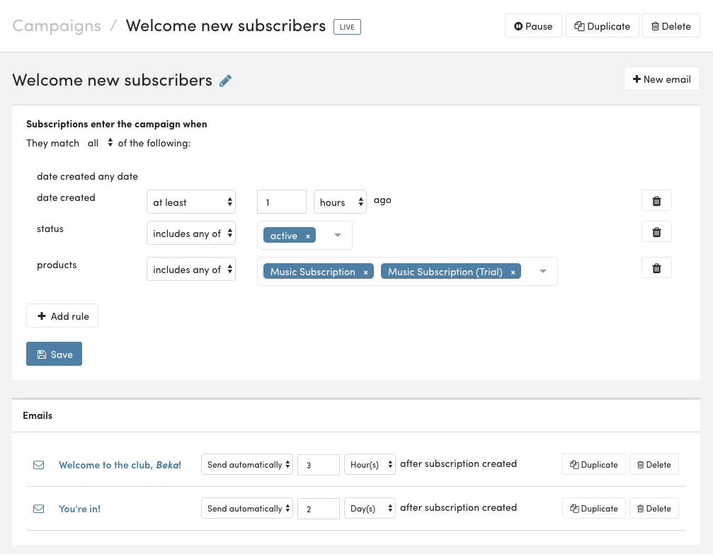 Screenshot setting up segmentation for new subscribers in Jilt